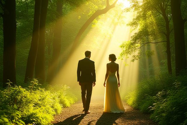 新緑の美しい日本の森の中を歩く人々のシルエット